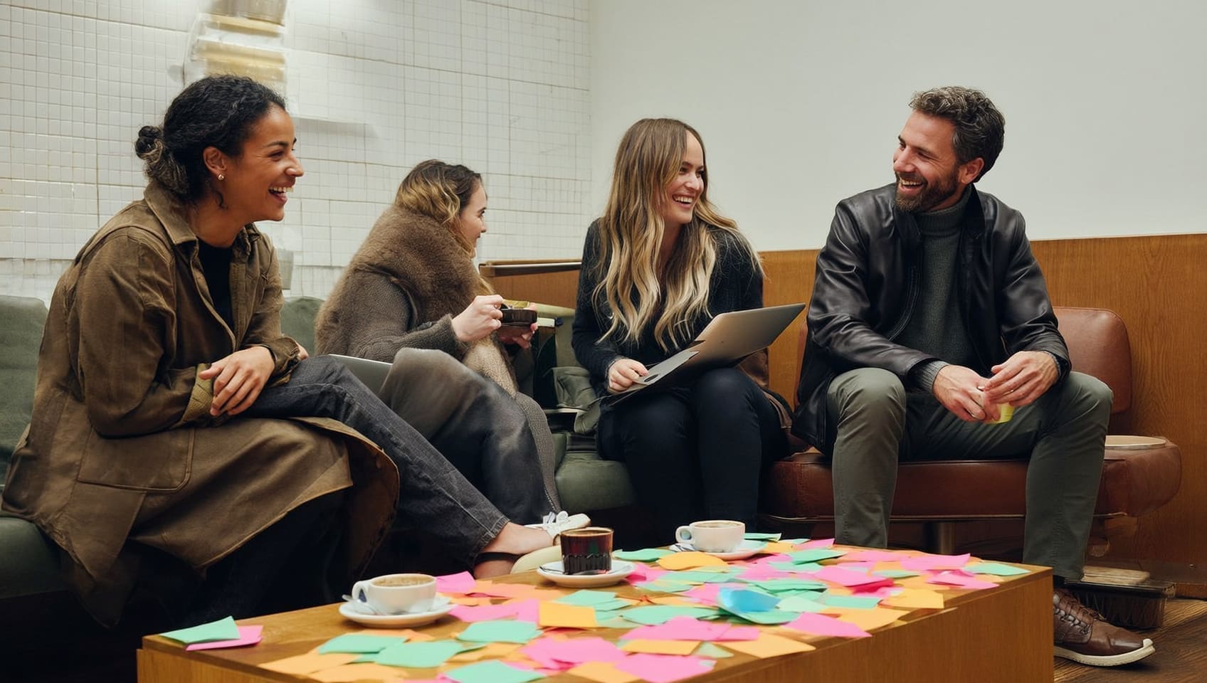JULY colleagues laughing together on studio couches around a table scattered with planning notes