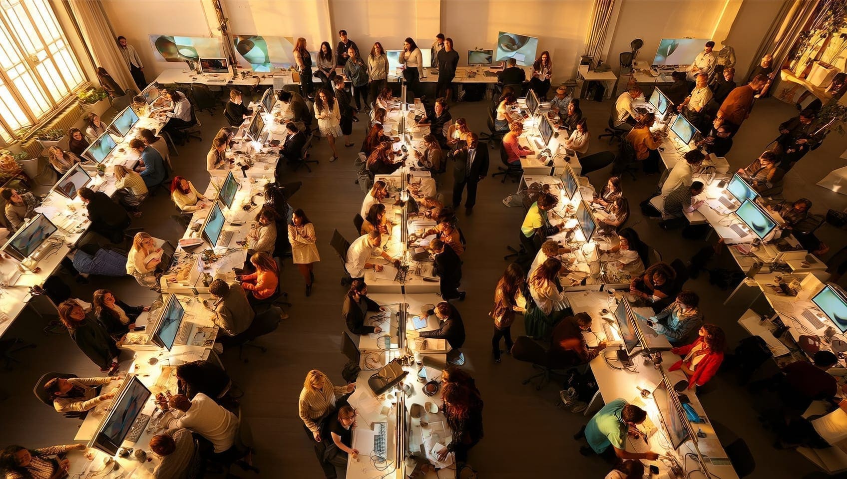 The JULY Marketing floor in full swing, dozens of strategists, designers, and producers at work in warm daylight