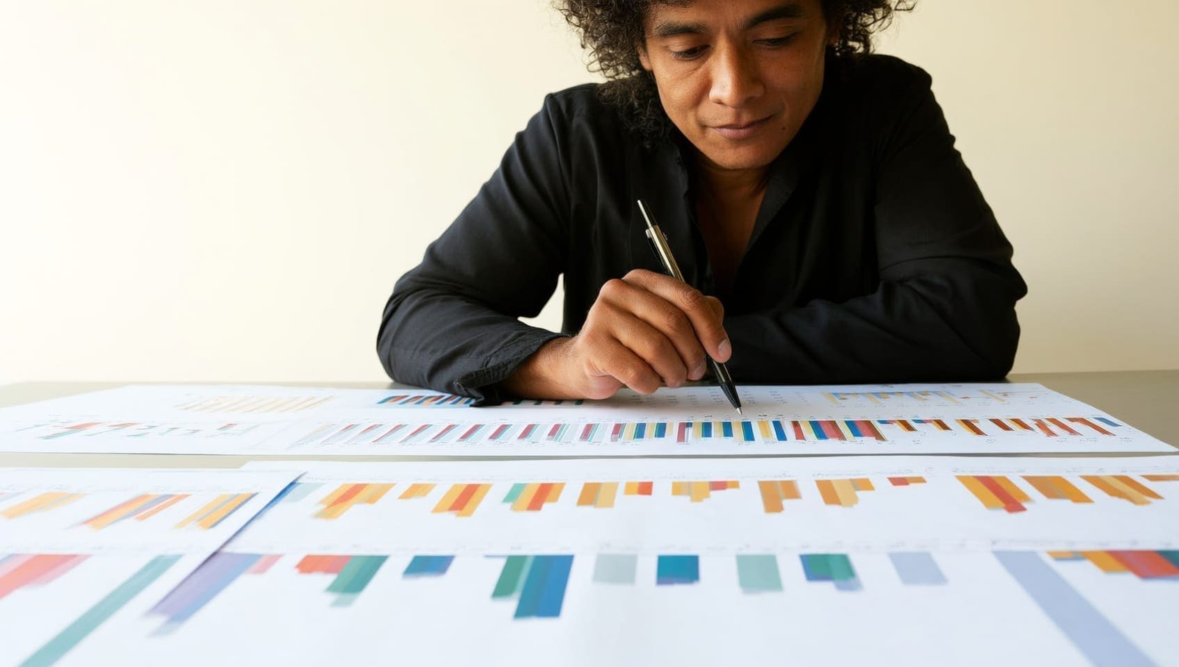Analyst reviewing printed performance charts spread across a desk, pen in hand