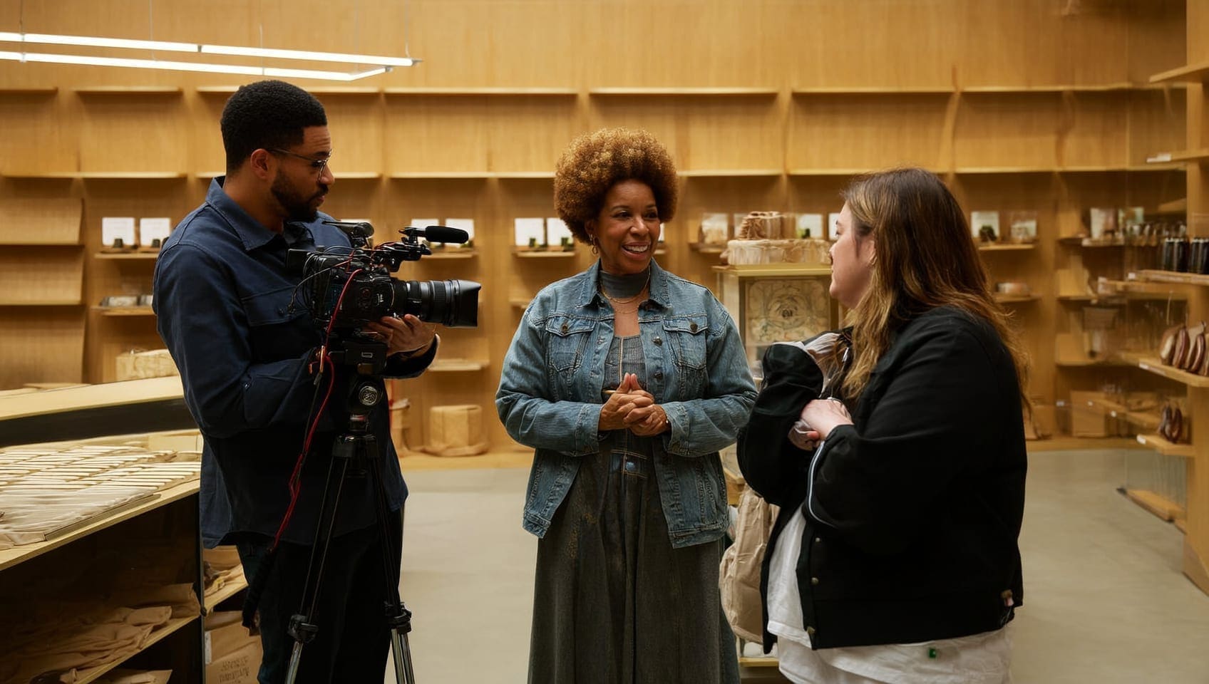 A JULY production crew filming an interview with a boutique owner inside her shop