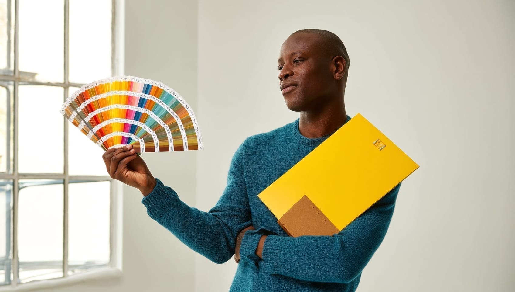 Designer holding color chips and material swatches up to the light in a bright studio