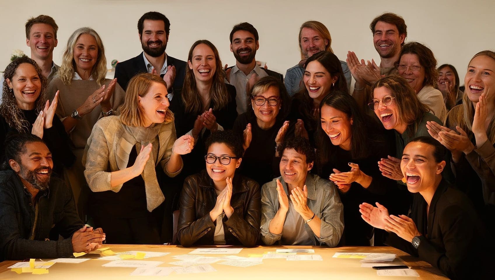 JULY colleagues celebrating a campaign launch together, applause and laughter around a lit table