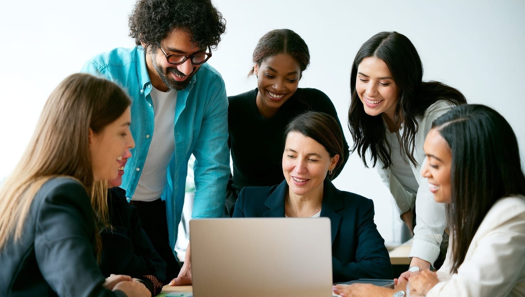 JULY colleagues gathered around a laptop during a working strategy huddle, sleeves rolled and engaged