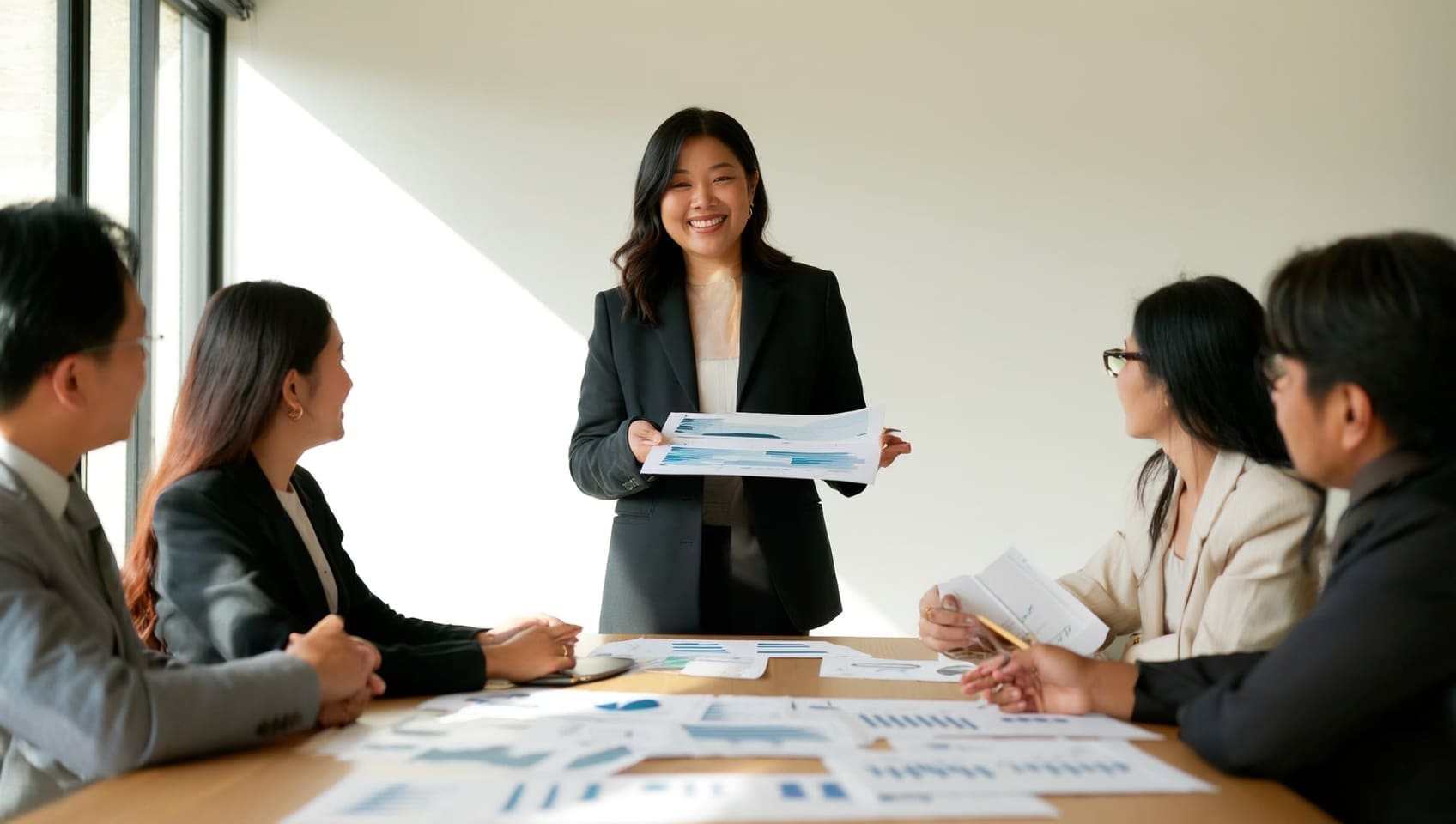 JULY strategist presenting results to attentive clients around a boardroom table