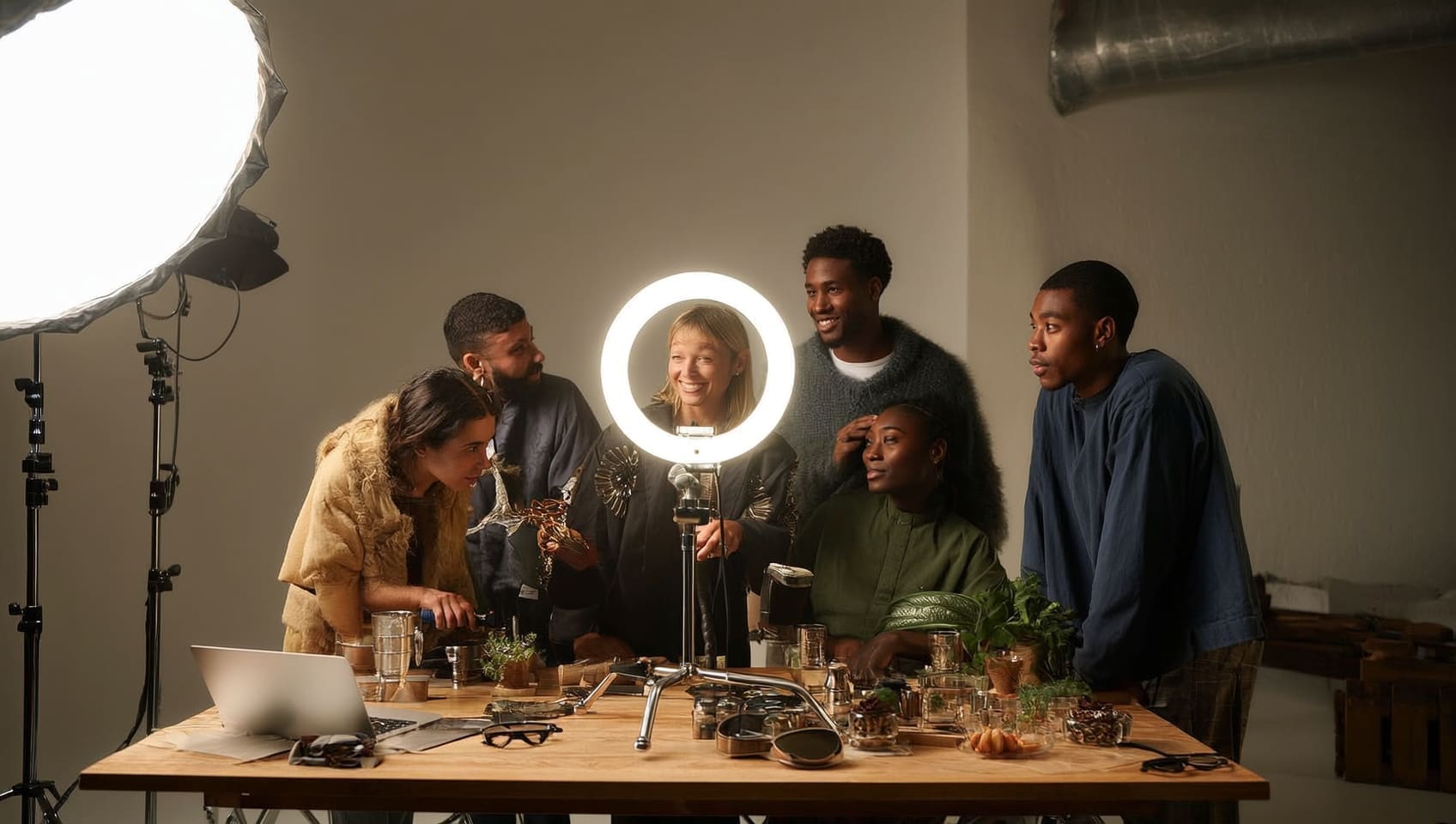 JULY crew gathered around a glowing ring light on set during a studio content shoot