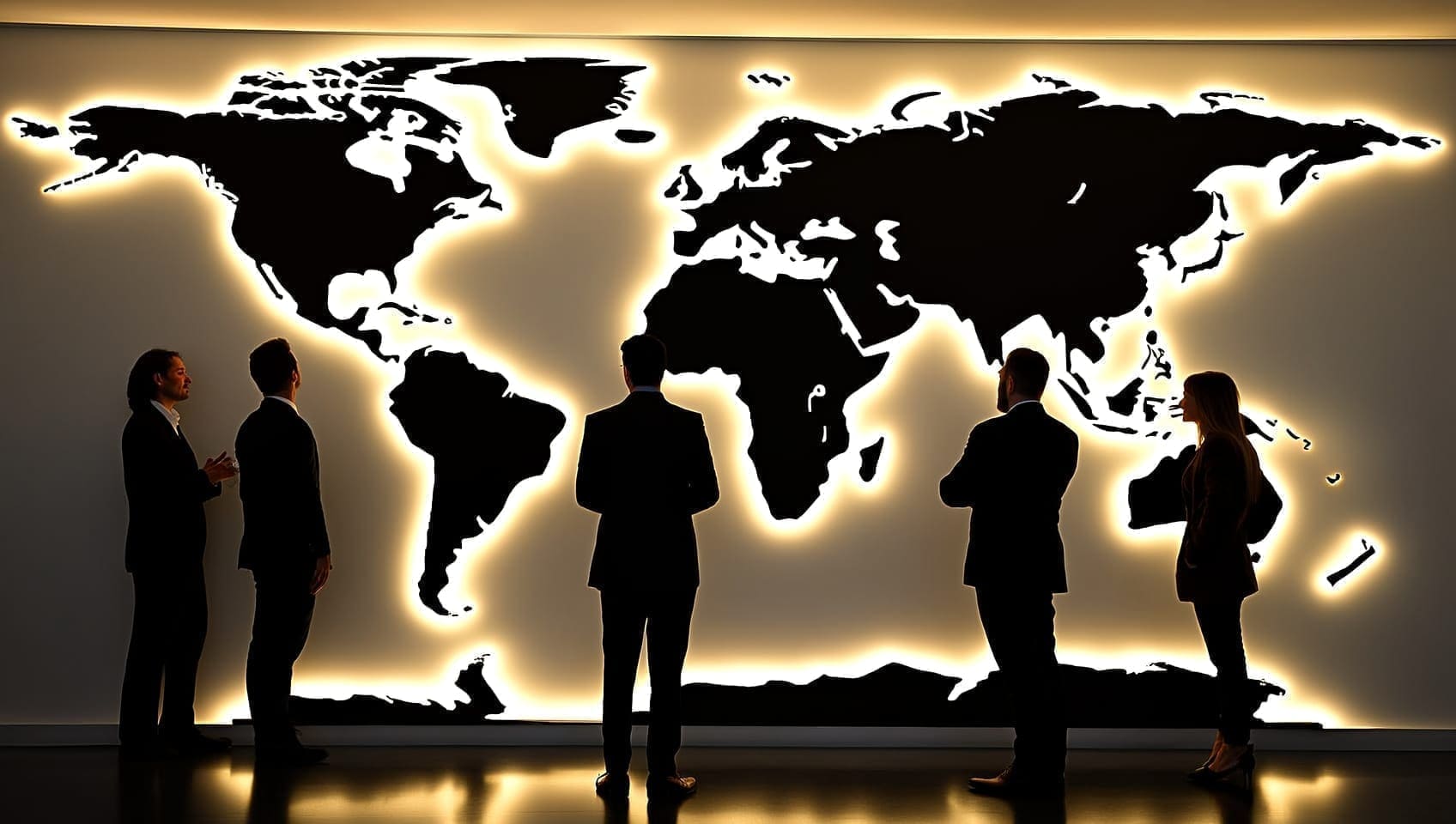 An illuminated world map wall in a strategy room, colleagues tracing connections between glowing city markers