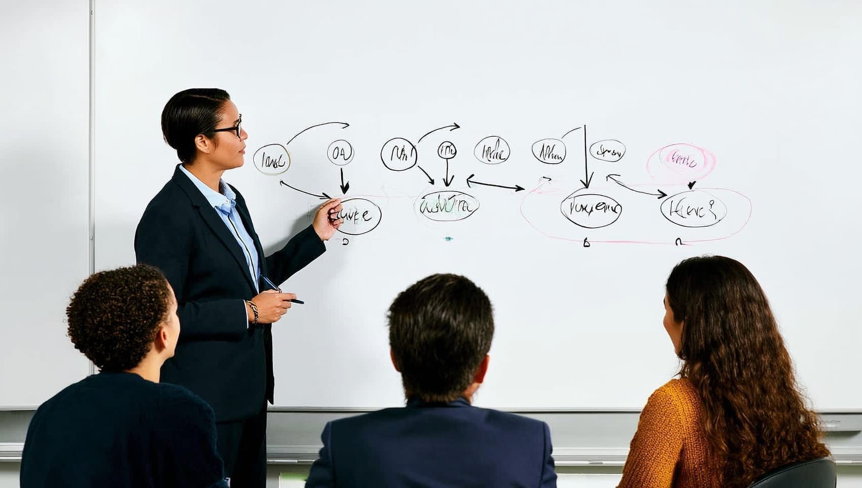 Strategist walking three colleagues through a customer journey diagram in a bright meeting room