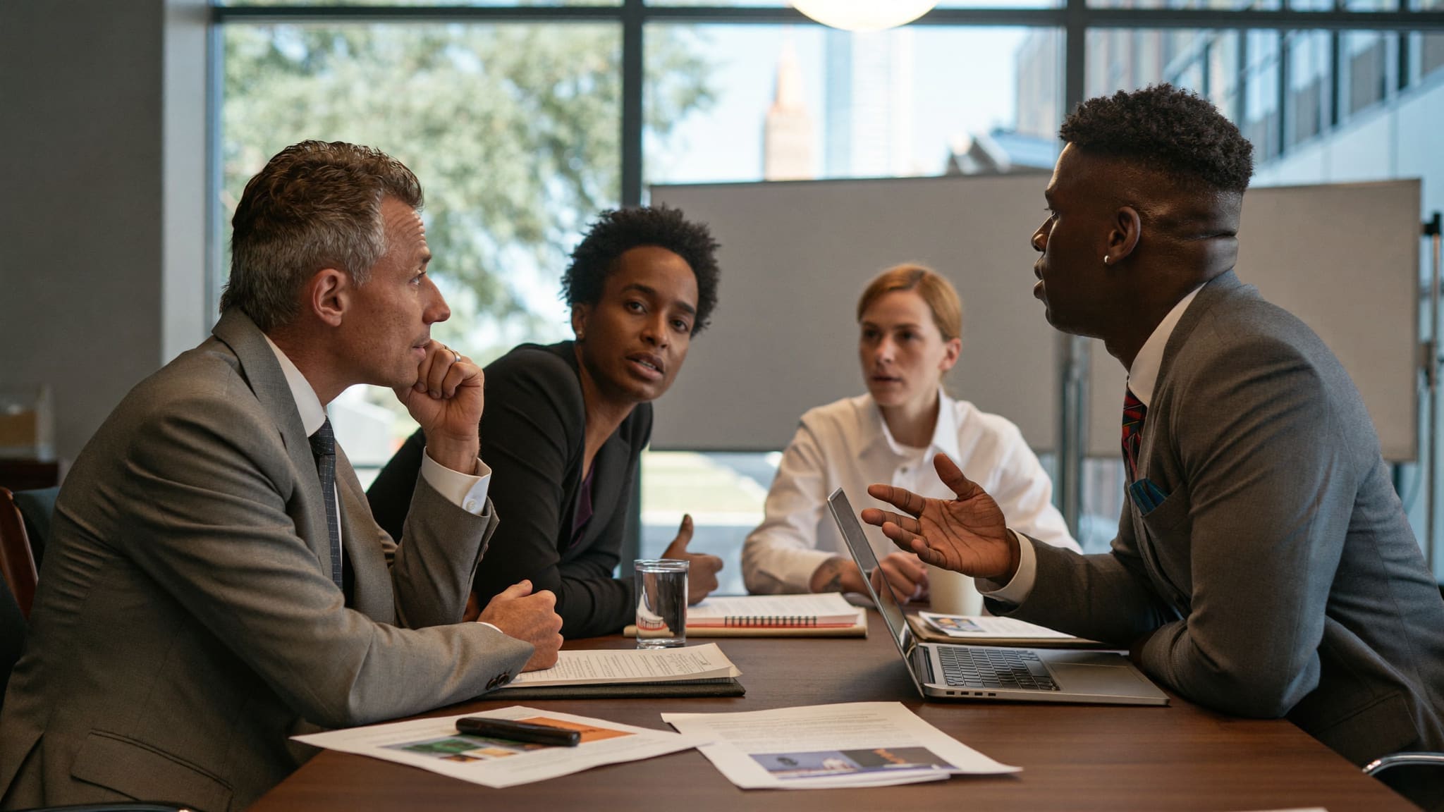 Law firm partners of different ages in a focused discussion around a conference table