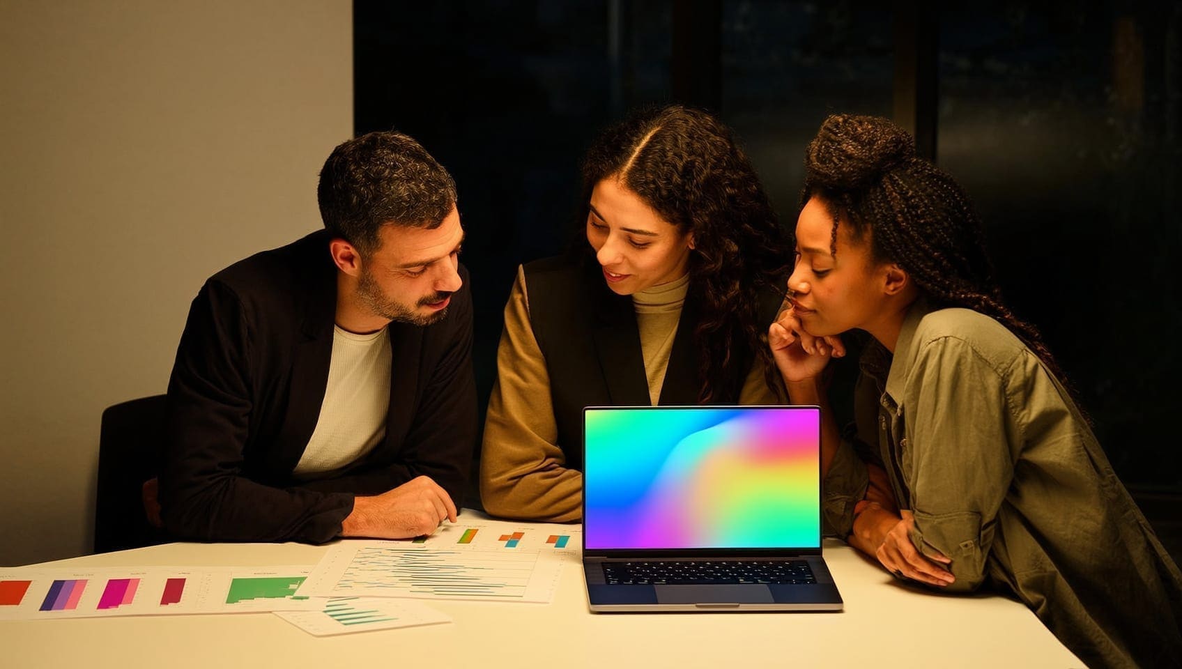 Media team reviewing campaign performance charts together around a lit table