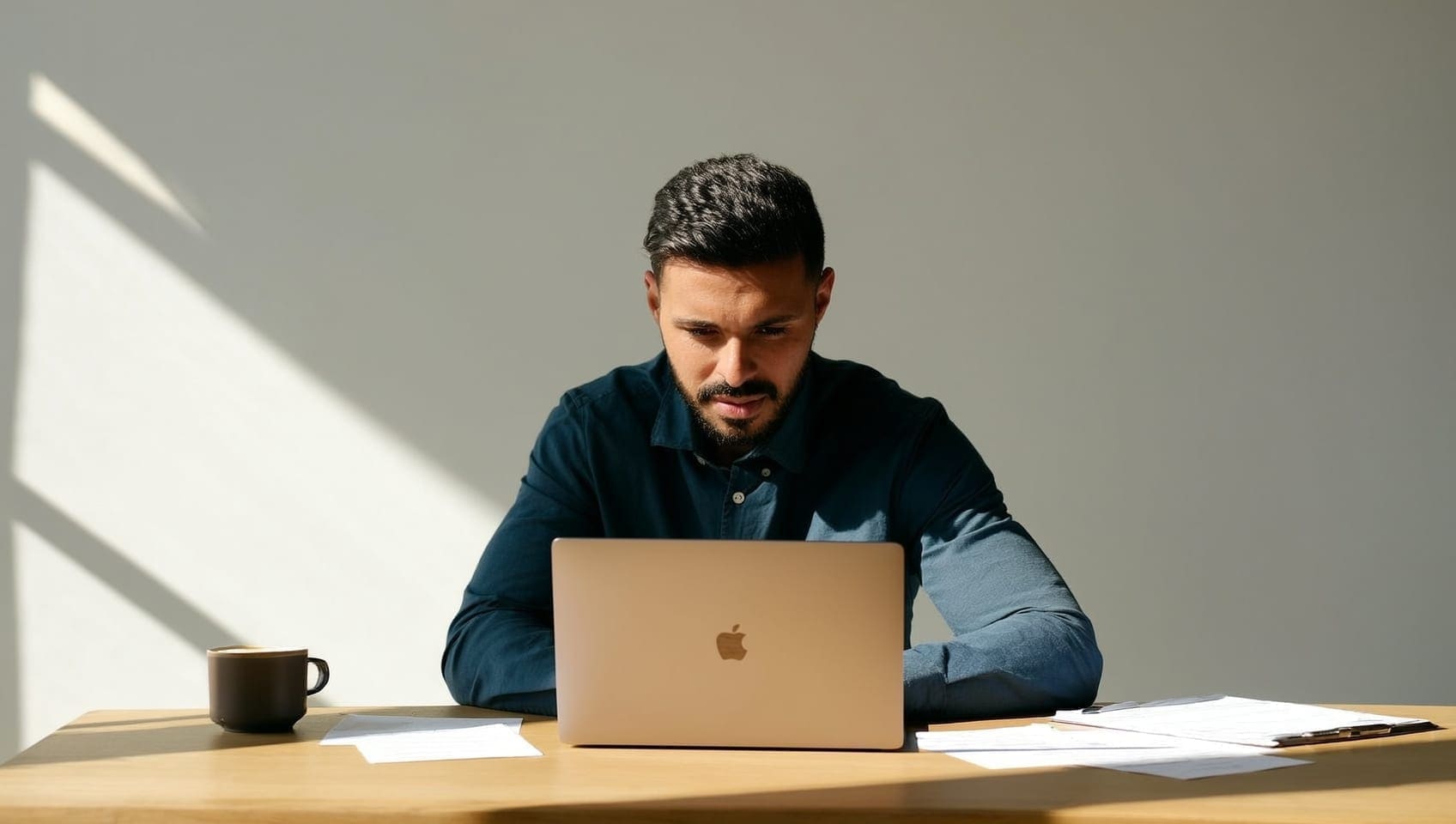 Media buyer adjusting a paid campaign on a laptop, coffee and notes on the desk beside them