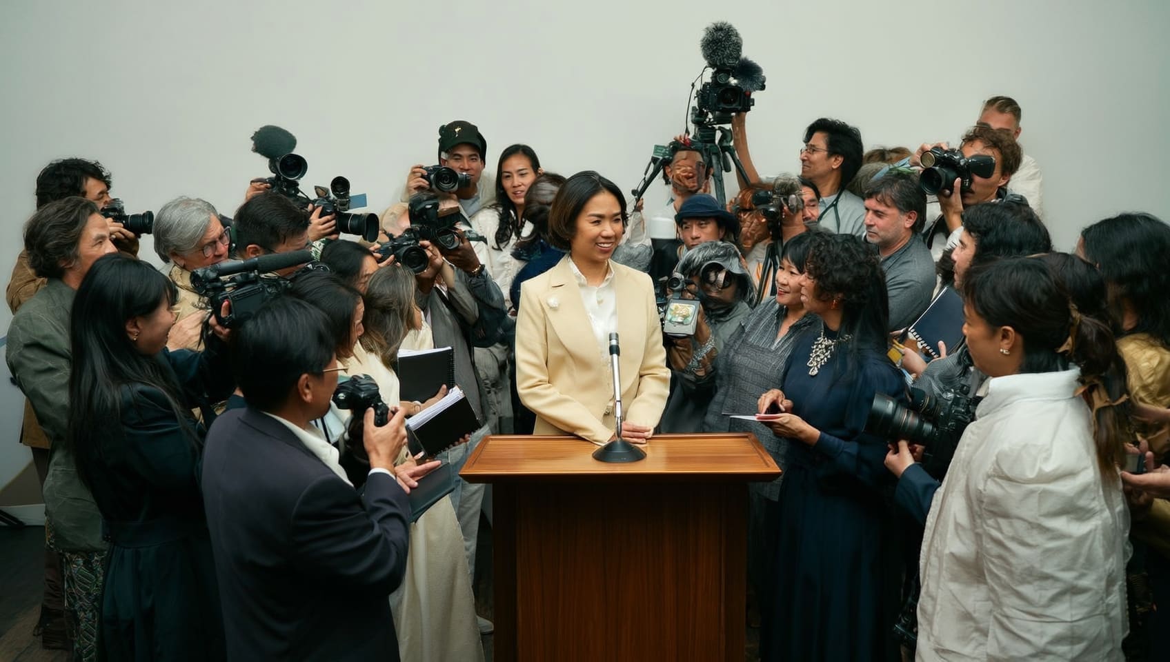 Spokeswoman smiling at a podium while a crowd of photographers and reporters records the announcement