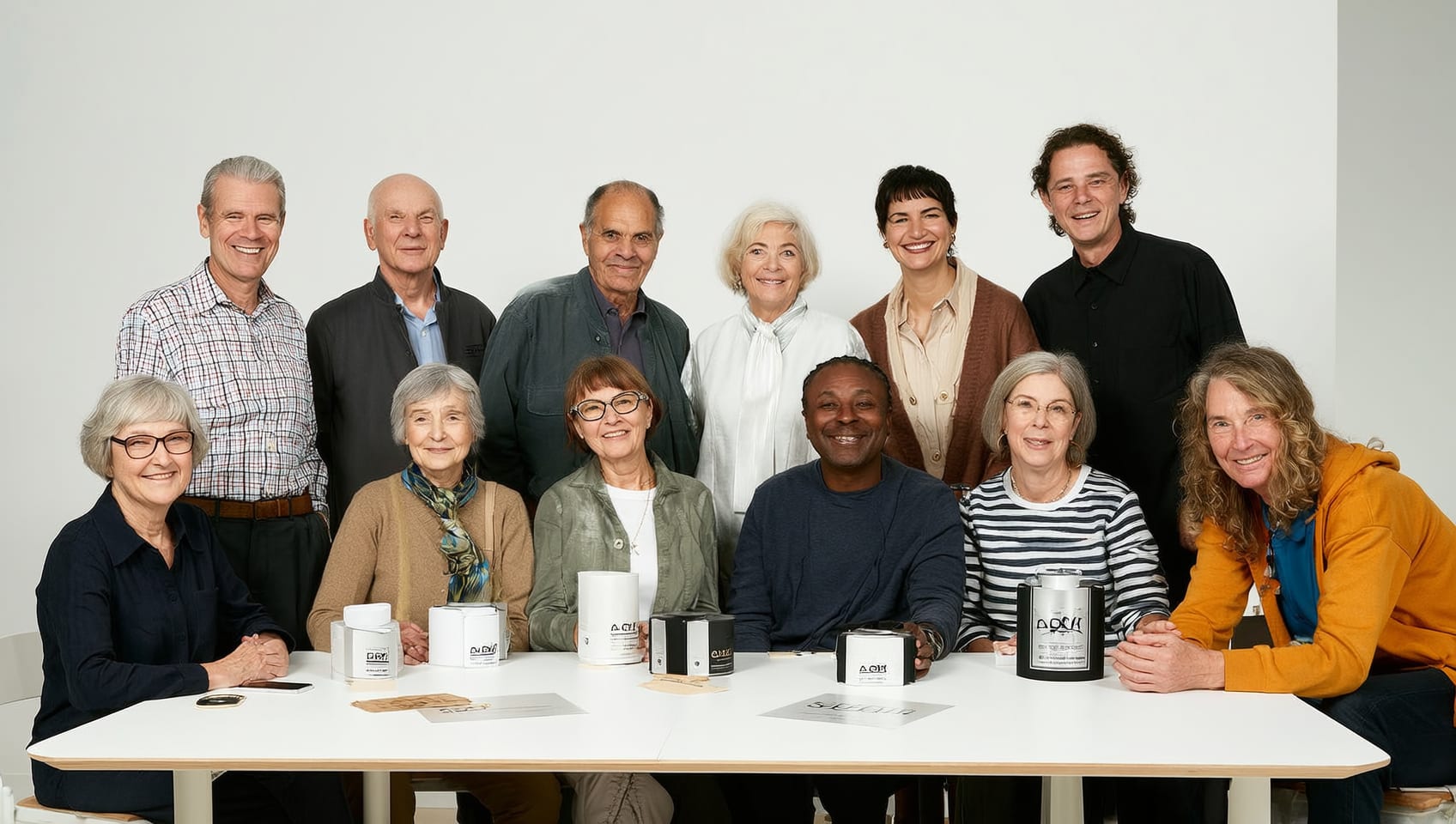 A retail team of different ages styling product for a photo shoot on a bright studio table