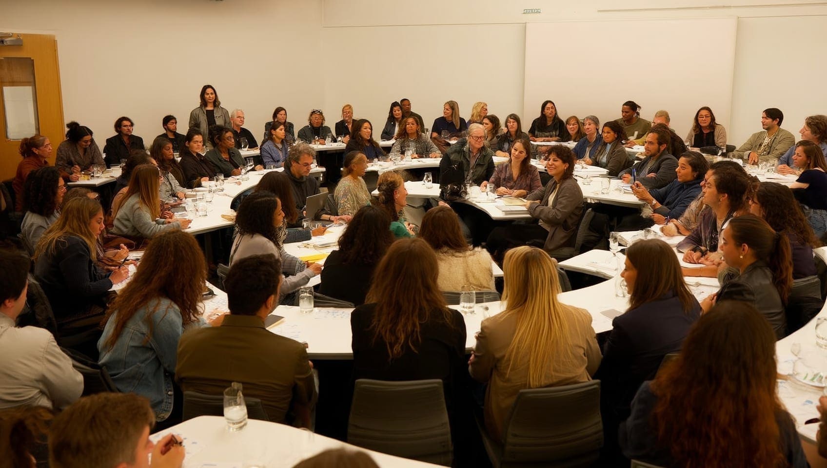 JULY instructor guiding small breakout groups across several tables during a marketing workshop