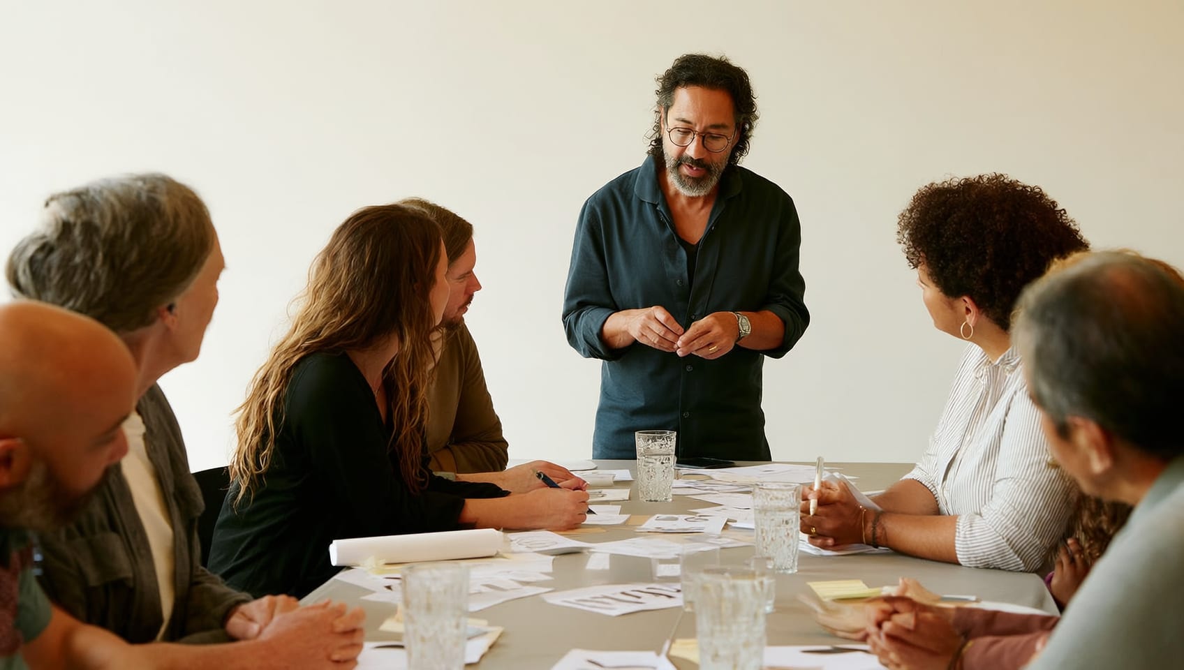 An instructor of any background demonstrating a concept to an engaged group of adult learners at a workshop table
